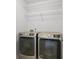 Modern laundry room equipped with a new washer and dryer, and overhead wire shelving at 211 Saxony Loop, Summerville, SC 29486