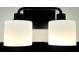 Close up of a black bathroom vanity light fixture with two frosted white glass shades at 310 Woodland Shores Rd, Charleston, SC 29412
