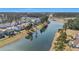 Scenic aerial view showcasing a tranquil lake surrounded by lush trees and colorful houses at 415 Four Seasons Blvd, Summerville, SC 29486