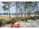 A tranquil backyard patio overlooks a serene lake, framed by mature trees and lush landscaping at 415 Four Seasons Blvd, Summerville, SC 29486