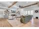 Bright open living room with fireplace, ceiling fan, and seamless access to the outdoors at 8638 Scottish Troon Ct, North Charleston, SC 29420