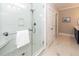 Contemporary shower with glass door, white subway tiles, and chrome fixtures at 1166 Elliotts Cut Dr, Charleston, SC 29412