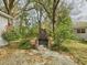 Brick outdoor fireplace surrounded by lush greenery in backyard at 1876 Chilhowee Dr, Johns Island, SC 29455