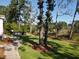 Lush backyard showcasing a fenced pool, brick path, mature trees, and marsh views at 4086 Lady Banks Ln, Ravenel, SC 29470