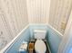 A small bathroom featuring a standard white toilet with floral wallpaper and blue beadboard at 8524 Cane Branch Rd, Ruffin, SC 29475