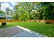 Spacious backyard with lush green lawn, privacy fence, and partial patio; great for outdoor entertaining at 110 Cypress St, Summerville, SC 29483