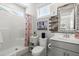 Bathroom with vanity, mirror, and shower with colorful shower curtain at 122 Yorkshire Dr, Moncks Corner, SC 29461