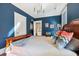 Charming bedroom with blue walls and elegant furnishings, including a wooden bed frame and artwork at 56 Parkwood Ave, Charleston, SC 29403