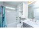 Bright bathroom with a shower-tub combo, vanity with solid surface counter and built in storage at 566 Four Seasons Blvd, Summerville, SC 29486