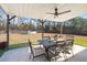 Covered patio with ceiling fan, dining table and view of above ground pool in backyard at 112 Lois Cir, Moncks Corner, SC 29461