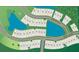 Aerial view of community, highlighting lots, street names, ponds, and green spaces, offering a visual layout of the neighborhood at 396 Claret Cup Way, Charleston, SC 29414