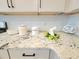 Kitchen countertop is decorated with easter theme decor and elegant white subway tiles at 609 Sienna Way, Summerville, SC 29486
