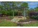 Pergola with a brick fire pit, surrounded by manicured landscaping and lush greenery, perfect for outdoor entertaining at 218 Candleberry Cir, Goose Creek, SC 29445