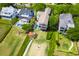 An aerial view of multi-million dollar homes, swimming pools, lush lawns and outdoor firepit and gazebo at 2906 Palm Blvd, Isle of Palms, SC 29451