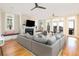 Open living space with a fireplace, large sectional, and outdoor access at 2906 Palm Blvd, Isle of Palms, SC 29451