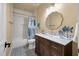 Stylish bathroom with a patterned tile floor, vanity, and shower/tub combo at 3708 Colonel Vanderhorst Cir, Mount Pleasant, SC 29466