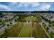 An aerial view of a neighborhood showcasing houses, manicured green spaces, trees, streets, and a tranquil pond at 384 Ripple Park Dr, Summerville, SC 29486