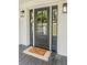 Close-up of the front door with sidelights, black hardware, and a 