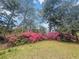 Beautiful front yard featuring bright pink azaleas in full bloom near mature, tall trees at 107 Woodland Dr, Summerville, SC 29485