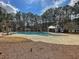 A large community pool surrounded by palm trees and tall trees, featuring a covered pavilion at 1158 Peninsula Cove Dr, Charleston, SC 29492