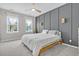 Relaxing bedroom featuring a paneled accent wall, ceiling fan, neutral carpet, and sun-filled windows at 1675 Indy Dr, North Charleston, SC 29405