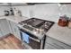 Close-up of the stainless steel stove with a tile backsplash and gray cabinets and countertops at 307 Blue Oak Dr, Moncks Corner, SC 29461