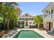 Beautiful backyard features a sparkling swimming pool, lush landscaping, and a charming covered porch area at 34 Frogmore Rd, Mount Pleasant, SC 29464