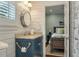 Nautical-themed bathroom with shiplap walls and a view into the bedroom at 3405 Cameron Blvd, Isle of Palms, SC 29451