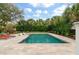 Inviting backyard pool with lounge chairs and a stone patio surrounded by palm trees and lush greenery at 3405 Cameron Blvd, Isle of Palms, SC 29451