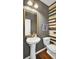 A charming powder room boasts a pedestal sink, wood-look tile floor and a modern accent wall at 490 Sanders Farm Ln, Charleston, SC 29492
