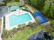 Aerial view of the community pool with a tennis court, picnic area, and pond at 9411 Harroway Rd, Summerville, SC 29485