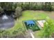 Aerial view of the community playground, pond with fountain, and green space at 9411 Harroway Rd, Summerville, SC 29485