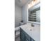 Bathroom featuring a white vanity with blue cabinets, mirror, and a toilet with plants on top at 104 Cranston Ln, Summerville, SC 29483