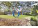 Large backyard with a blue swing, trampoline and a fire pit at 1406 Iroquois St, North Charleston, SC 29405
