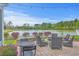 Outdoor patio with a firepit, lake view, and comfortable seating surrounded by landscaping at 406 Summers Dr, Summerville, SC 29485