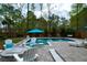 Backyard pool, fire pit, and Adirondack chairs create a perfect outdoor space for relaxation and entertaining at 4029 Cascades Thrust, Summerville, SC 29483