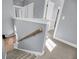 Carpeted staircase with wooden handrail and white trim against light gray walls at 412 Hydrangea St, Summerville, SC 29483