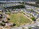 An aerial view of the Lindera Preserve features a large grassy common area, playground, and scenic pond at 449 Whispering Breeze Ln, Summerville, SC 29486