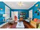 Inviting living room with beautiful blue walls, hardwood floors, and stylish seating at 516 Central Ave, Summerville, SC 29483