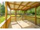 Covered wooden back porch overlooking a green backyard surrounded by mature trees at 106 Dunmow Dr, Summerville, SC 29485
