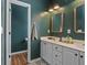 Bathroom featuring dark green walls, white double vanity, and white cabinets at 1537 Sweet Myrtle Cir, Mount Pleasant, SC 29466