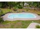 Aerial view of a private backyard swimming pool surrounded by a concrete patio and landscaping at 187 Pecan Dr, Summerville, SC 29483