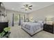 This bedroom has neutral walls, carpet, and a ceiling fan with a light fixture at 1996 Wild Indigo Way, Hanahan, SC 29410