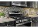 Modern kitchen features stainless steel gas range, dark cabinets, and stylish backsplash at 1996 Wild Indigo Way, Hanahan, SC 29410