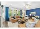 Living room with a cozy fireplace, blue accent wall, and a comfortable seating area at 2856 Claybrook St, Johns Island, SC 29455