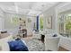 Bright living room with coffered ceilings, white sofas, blue accents, and views of the surrounding trees at 2856 Claybrook St, Johns Island, SC 29455