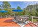 Outdoor dining area on a wood deck with an umbrella and seating for six at 3805 Adrian Way, Mount Pleasant, SC 29466