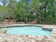 Shallow outdoor pool area with red lounge chairs surrounded by palm trees and greenery at 45 Sycamore Ave # 116, Charleston, SC 29407