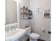 Stylish powder room with pedestal sink, decorative shelf, and elegant wall decor at 975 Warrick Oaks Ln, Mount Pleasant, SC 29464