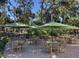 Inviting outdoor seating area with tables and chairs, shaded by large umbrellas at 1 Battery Park Rd, Edisto Island, SC 29438